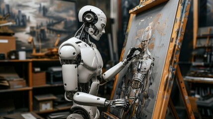 A futuristic robot engages in painting, showcasing the intersection of technology and creativity in an artist's studio setting. AI development, robotics in art, creative machine learning.