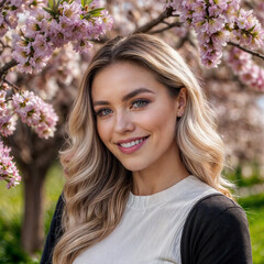 woman with a bright smile smelling the scent of spring flowers