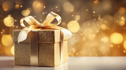 Golden gift box over shiny background with heart-shaped bokeh lights 