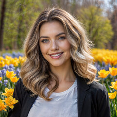 woman with a bright smile smelling the scent of spring flowers