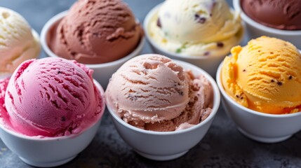 Various ice cream scoops in bowls over black stone background. Top view with copy space