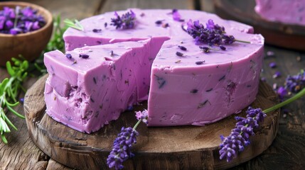 purple cheese made of lavender --ar 16:9 --v 6 Job ID: 3d486f9a-1100-43ba-9df8-77364cde62da