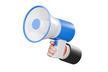 3d hand holding megaphone speaker or loudspeaker for announce icon. Blue and white megaphone speaker. isolated on blue background. 3d render illustration.