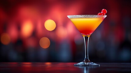 Image of a delicious cocktail presented on a sleek black tabletop, copy space for text
