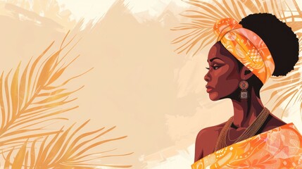 Illustration of a black woman in traditional clothes and afro hair, palm tree texture on the background