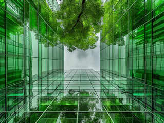 Green business concept with glass office building view from low angle and green trees 