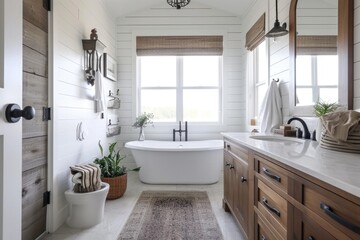 Fototapeta na wymiar Serene Simplicity: A Modern Farmhouse Bathroom Retreat with Rustic Charm and Charming Shiplap Walls