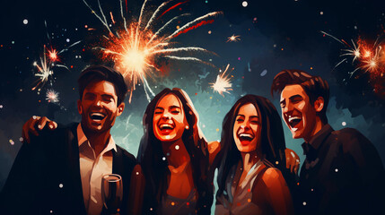 Group of friends celebrating together, smiling, happy people, holding fireworks, New Year's Eve, birthday, anniversary, wedding, celebrating together, outdoor party, night life, friendship 