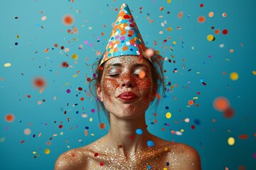 An anonymous person covered in glitter, wearing a party hat among a burst of colorful confetti, celebrating a joyous moment - obrazy, fototapety, plakaty