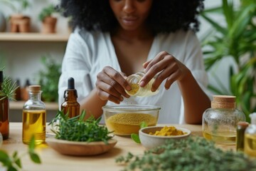 A joyful african american woman creates her own skincare products using natural ingredients at her peaceful home workshop.