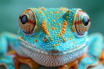 Macro shot capturing the vibrant colors and textures of a tree frog's skin, revealing intricate...
