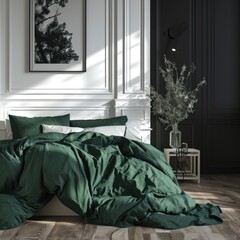 Modern Scandinavian Bedroom Interior with Green Bedding and Black Wainscoting