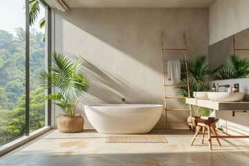 Tranquil Tropics: Luxurious Hotel Bathroom Interior with Panoramic Window, Beige Concrete Floor, and Empty Wall for Design Mockup