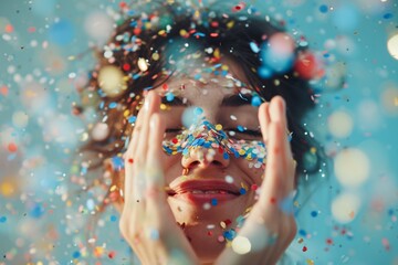 Person's head surrounded by colorful confetti, creating a joyous and festive mood that signifies celebration and excitement