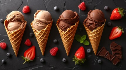 Close up of tasty ice cream with berries in waffle cones on black background, colorful flavors - obrazy, fototapety, plakaty