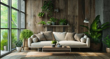 Modern Luxury Living Room Interior with Natural Color Scheme and Organic Elements - obrazy, fototapety, plakaty