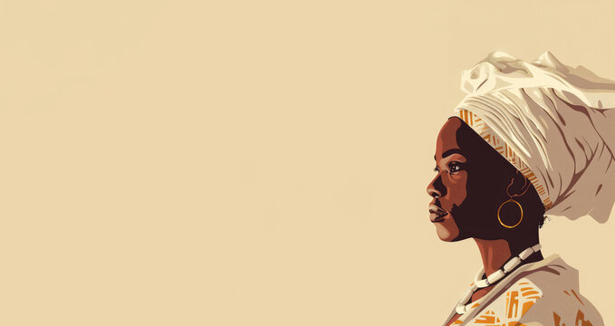 Black woman in traditional clothes isolated on a beige background, copy space