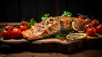 Grilled salmon dish, herbs, lemon, fried tomatoes on a wooden table 