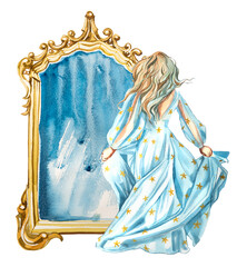 Watercolor woman standing in front of. the mirror painting. Vintage mirror and a beautyful woman in a blue gown isolated on a white background.