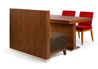 Restaurant table and chairs and couch isolated on white background