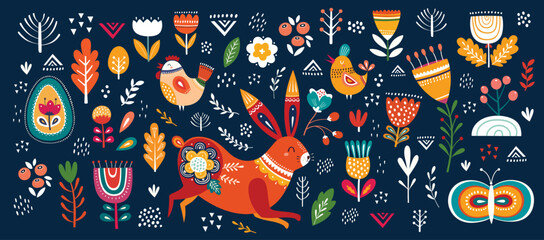 Vector Easter spring collection with easter rabbits, egg and flowers. Happy easter greeting elements.