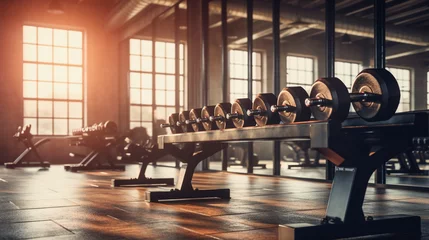 Foto auf gebürstetem Alu-Dibond Fitness Gym interior background of dumbbells on rack in fitness and workout room 