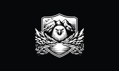Eagle face mountain river logo design 