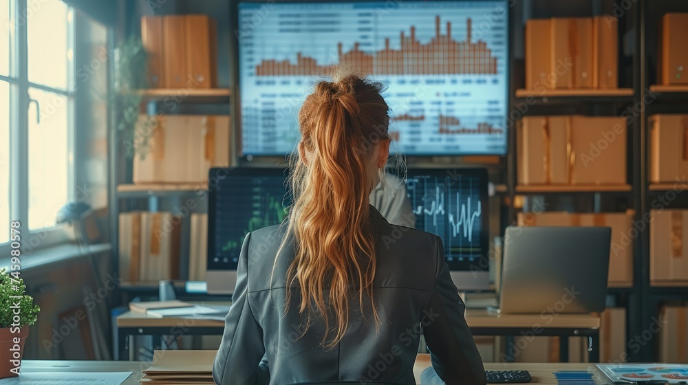 Leinwandbilder woman in a business suit is sitting at a table with a huge monitor with a sales growth chart on the 