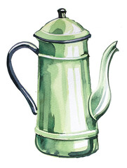 Vintage teapot  with tea design. Watercolor kettle illustration. Retro kitchenware clipart. Antique porcelain tea pot.