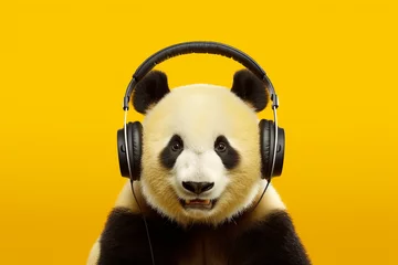 Gordijnen a panda, panda with headphones listening to music, yellow background © Salawati