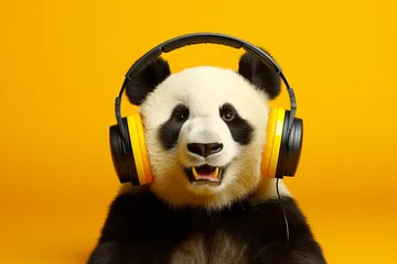 Foto op Plexiglas a panda, panda with headphones listening to music, yellow background © Salawati