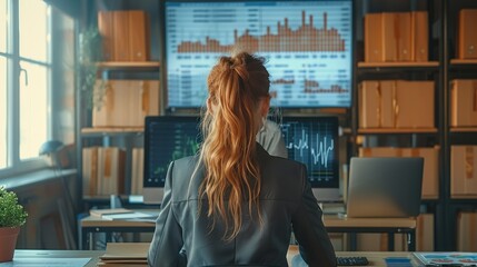 Woman in a business suit is sitting at a table with a huge monitor with a sales growth chart on the screen, and large and small boxes around her. Generative AI.