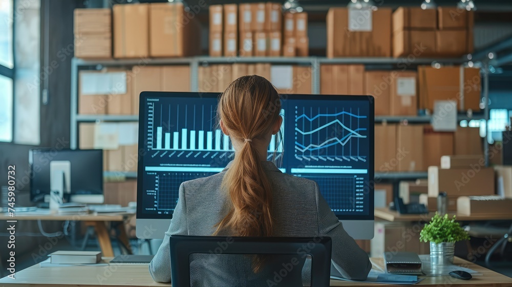 Poster woman in a business suit is sitting at a table with a huge monitor with a sales growth chart on the 