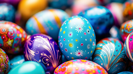 Fototapeta na wymiar Vibrant and colorful Easter eggs background. Top view