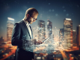 Handsome young businessman using tablet computer on abstract city background with double exposure of business graph 