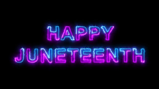 Juneteenth Animation with purple and blue glowing text effects and neon sign lights on a black background. Excellent for movies, presentations, videos, and television shows in 4K.