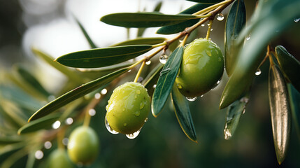 green ripe olives growing on the branch of an olive tree, close up
