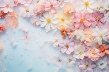 aesthetic photo of pastel color flowers on light white blue horizontal background