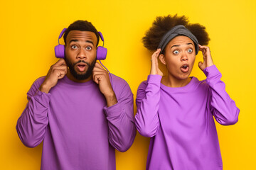 Young curious nosy couple two friend family man woman of African American ethnicity wear purple casual clothes together try to hear you overhear listening intently isolated on plain yellow background