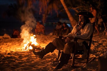 Pirate sits by a fireplace on a beach resembling Nassau - obrazy, fototapety, plakaty