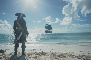 Pirate marooned on an island watches his Galleon ship sail away - obrazy, fototapety, plakaty