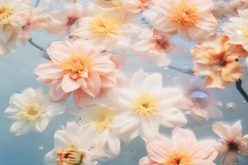 Naklejka na ściany i meble aesthetic photo of pastel peach color flowers floating on the water surface horizontal background