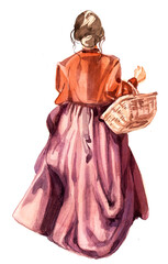 Watercolor woman in a vintage dress with a basket illustration. Victorian girl book cover painting. Elegant lady artwork isolated on white.