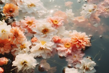 aesthetic photo of pastel peach color flowers floating on the water surface horizontal background