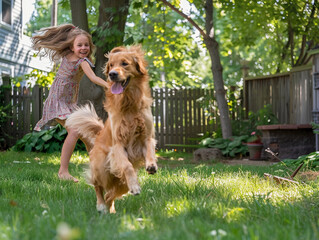 Happy family playing with happy golden retriever dog on the backyard lawn. 
