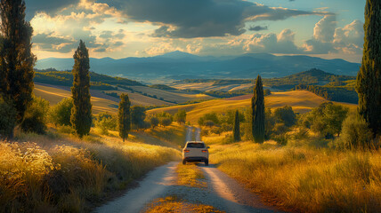 Poster invitation to a road trip along new routes, test dive and impressions of unexplored places, warm sunlight during sunset in the valley