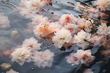 aesthetic photo of pastel color flowers floating on the water surface horizontal background