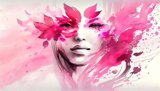 Watercolor festive background with flowers and a girl. AI generated