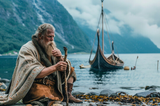 Viking sitting on a Nordic beach in front of a Viking longship