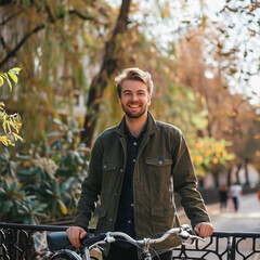 Happy man walking with bicycle near railing on sunny day. Urban lifestyle concept 